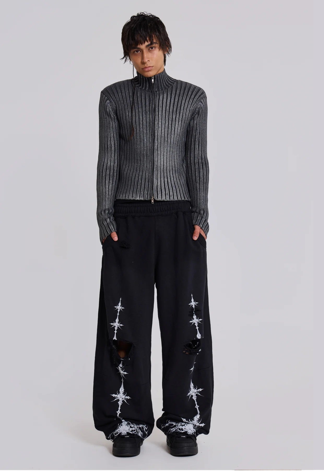 Cross Distressed Sweat Pants - Black