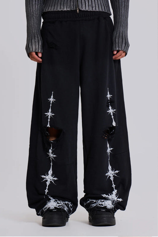 Cross Distressed Sweat Pants - Black